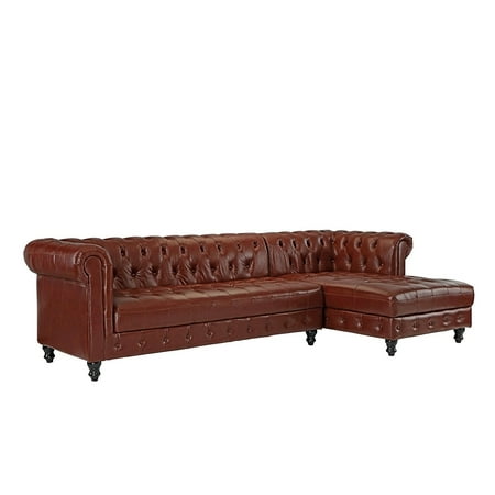 L Shape Sofa Leather Classic Real Tufted Leather Chesterfield L Shape Sectional Sofa with Wide Chaise (Light Brown) ()
