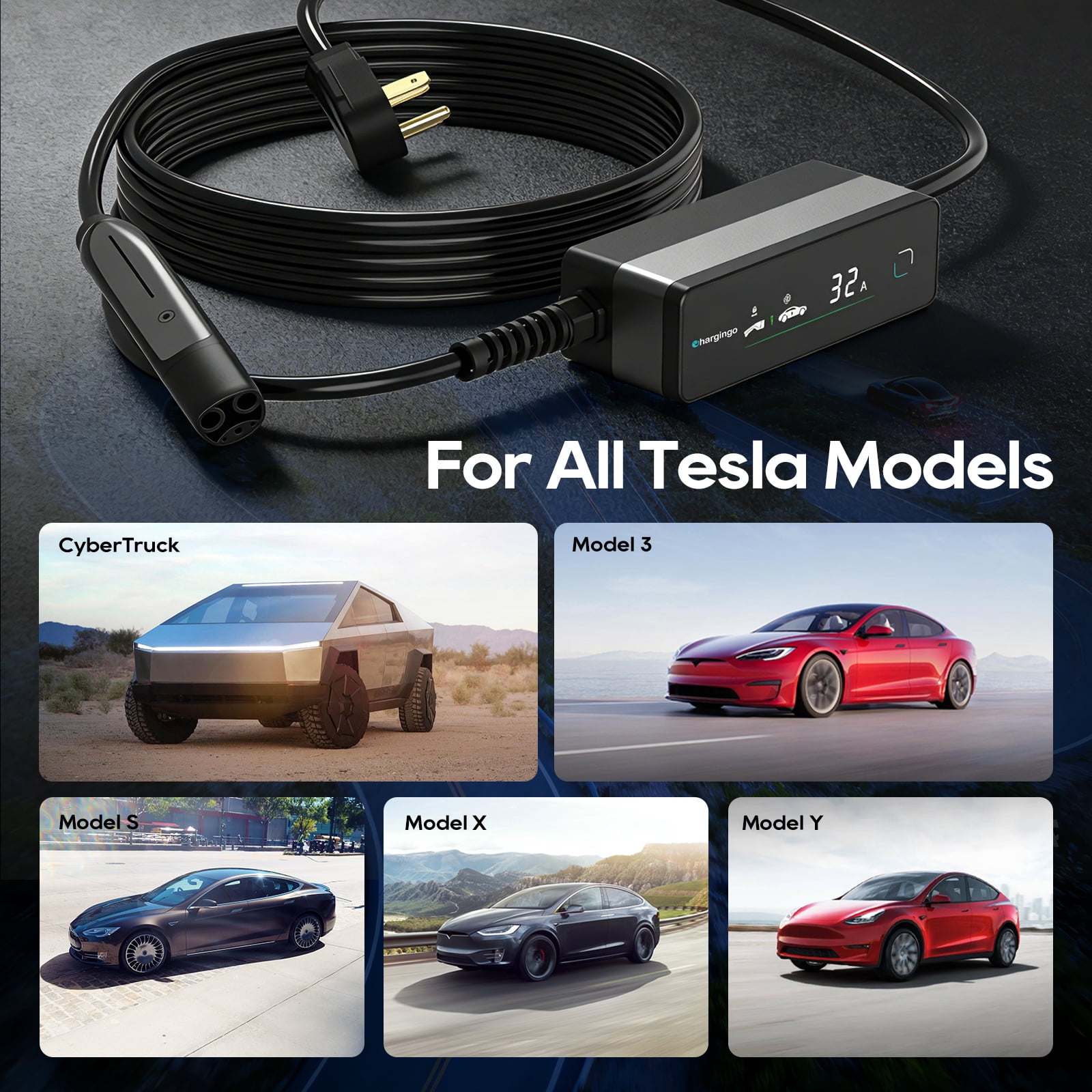 TOPDC Level 2 EV Portable Charger for Tesla, 32A 240V, Nema 14-50, Nacs Connector, 25ft Cable, Adjustable 16-32A, ETL Certified, Lcd Display, Plug-and-Play