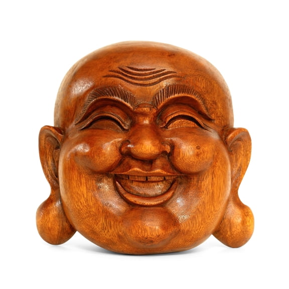 Wooden Wall Mask Laughing Smiling Happy Buddha Head Statue Hand Carved Stand Alone Sculpture Handmade Figurine Decor Handcrafted Art Wall Hanging