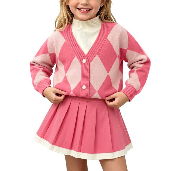 QTBIUQ Kids Girls Skirt Set Argyle Pattern V-Trim Knit Pullover and Pleated Knit Skirt 2 Pieces Outfit Set