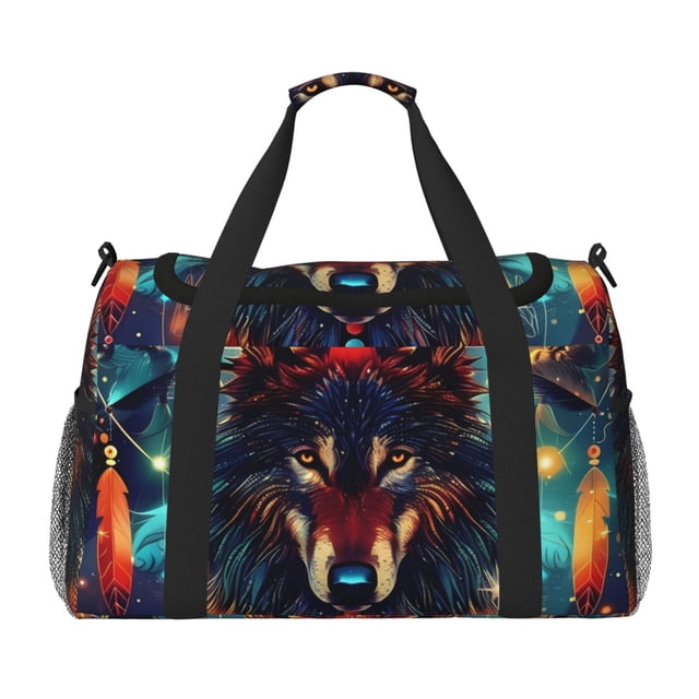 Fotbe Mystic Wolf Dreamcatcher Bolsa de Viaje con Estampado, Bolsa de Fin de Semana para Mujer con Compartimento para Zapatos, Bolsa de Gimnasio con Bolsillo Húmedo