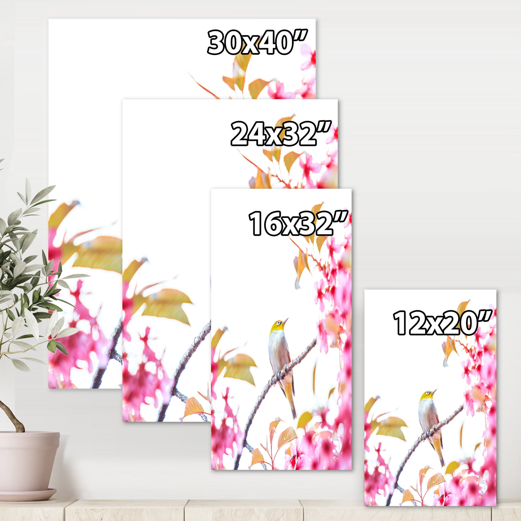 Designart ' Bird Sitting On Cherry Blossom ' Traditional Canvas Wall Art Print