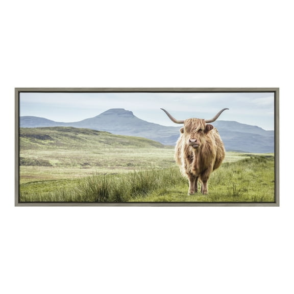 Kate and Laurel Sylvie Highland Cow Mountain Landscape Framed Canvas Wall Art by the Creative Bunch Studio 18x40 Gray Decorative Rustic Animal Art for Wall