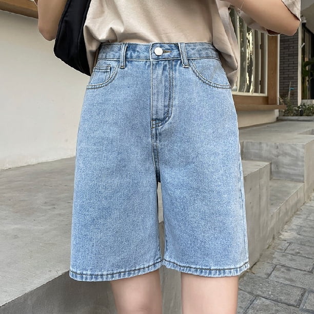 Pantalones cortos de mezclilla para mujer, cintura alta, holgados, piernas anchas, diseño sense niche tide ins, pantalones medianos finos de 5 puntos para verano, nuevos modelos 2022