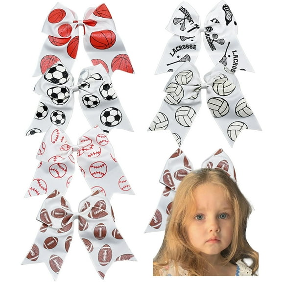6 Pack 7.9inch JoyBowie Sports Hair Bows Set for Girls, 8 Inch Ball Pattern Ribbon Clips for Kids Game Day Cheerleading Hairstyles
