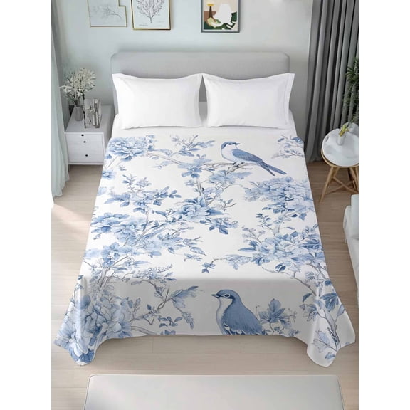 Blue White Flowers California King Size Flat Sheet, Wrinkleproof & Fadeproof Cooling Flat Bed Sheet Only, Spring Summer Floral Botanical Breathable Soft Bedding Top Sheets 108 x 98 Inches