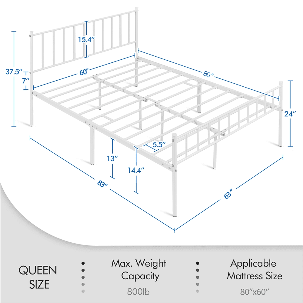 Renwick Justin Metal Platform Bed with Spindle Headboard and Footboard, Queen Size, White