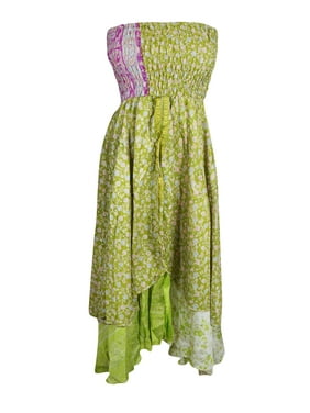 Mogul Women Green Long Skirt Printed Dress Recycled Sari Flared Skirt, Hi Low Dresses, Strapless Dress, Two Layer Skirt S/M