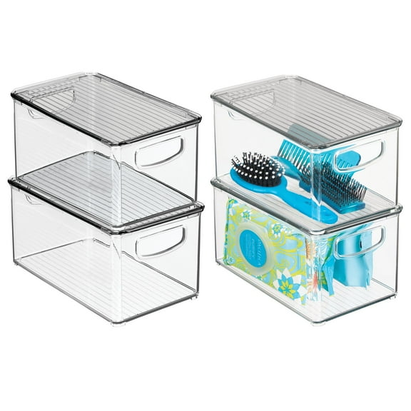 mDesign Deep Plastic Bathroom Storage Box, Lid/Handles, 4 Pack, Clear/Smoke Gray