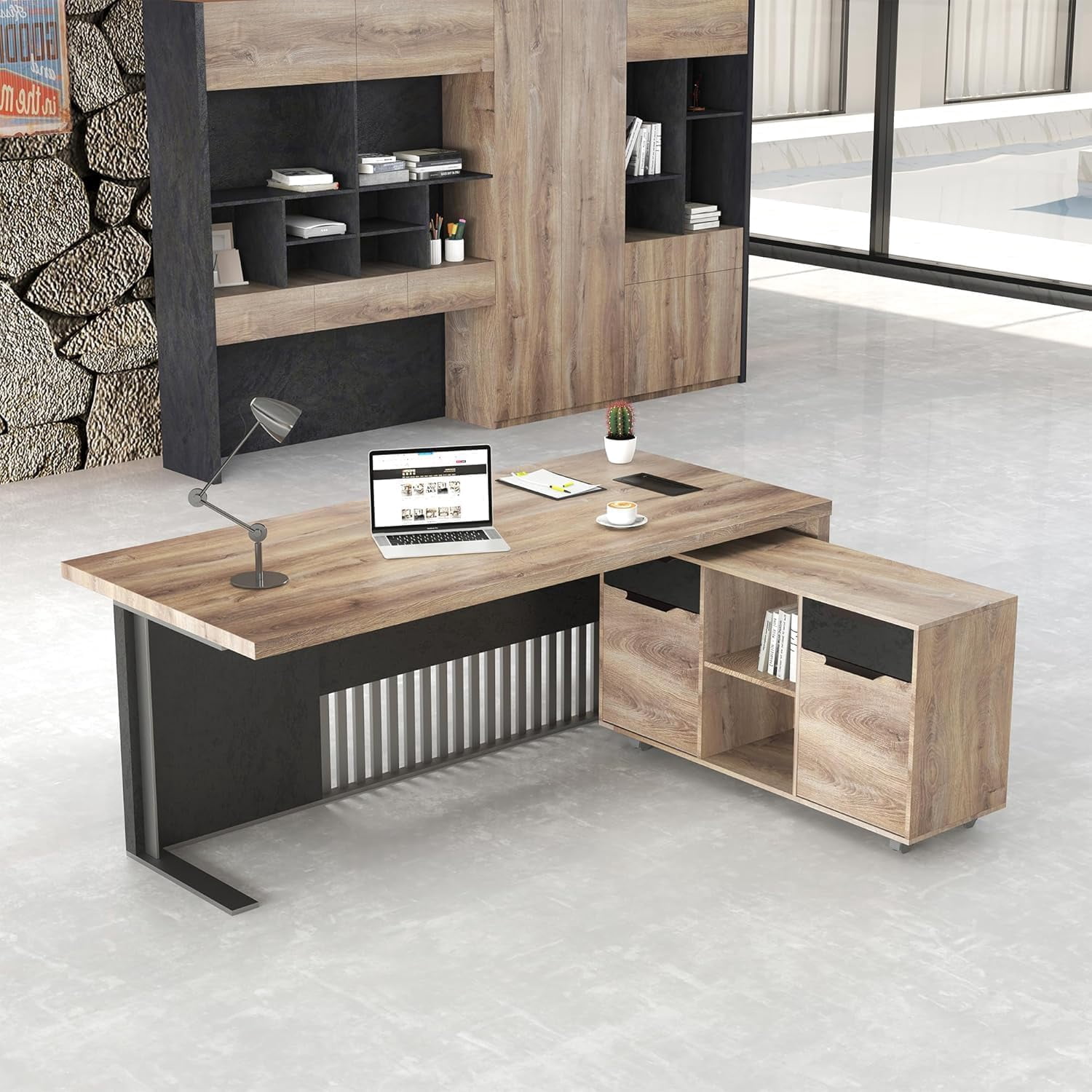 63 inch L Shaped Executive Desk with Cable Box 2 Drawers File Cabinets