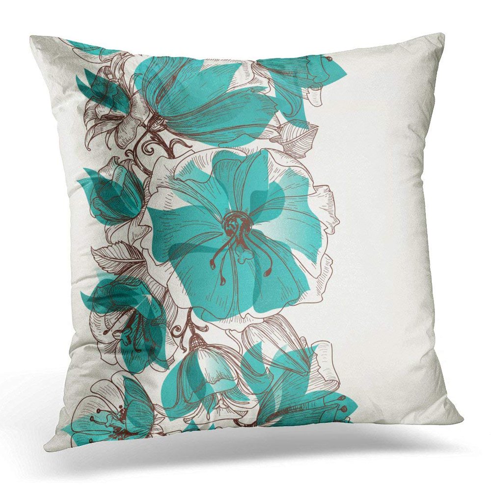 CMFUN Green Draw Flower Floral Teal Border Line Leaf Throw Pillow Case