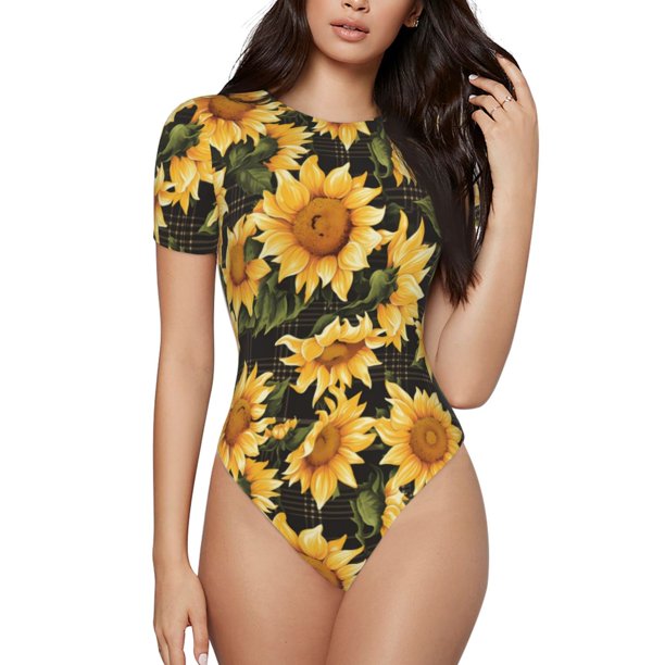 Balery Vintage Black Plaid Sunflower Body de cuello redondo de manga corta para mujer Tops de manga corta Tops básicos-Large