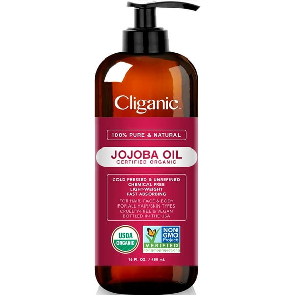 Cliganic Huile de Jojoba Biologique USDA 16oz avec Pompe, 100 % Pure / en Vrac, Huile Hydratante pour le Visage, les Cheveux, la Peau et les Ongles / Naturelle Pressée à Froid Sans Hexane