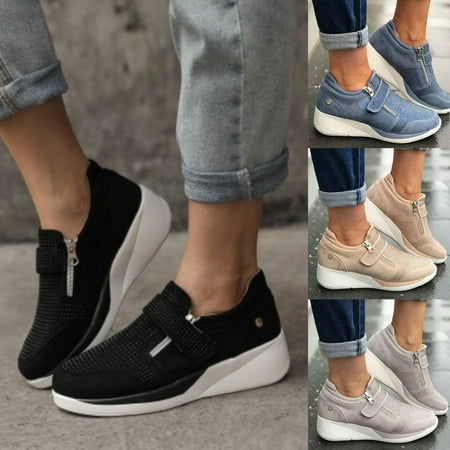 

Star Home Women Casual Magic Tape Zipper Wedge Shoes Anti Skid Platform Sneakers Footwear