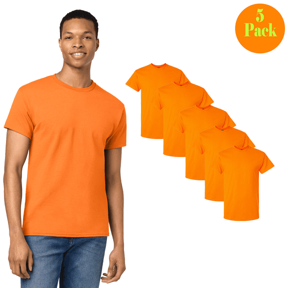 Gildan Men Crew Neck Heavy Cotton Hi Vis T-Shirt, Short Sleeve Workwear, Safety Orange, 5 Pack, S