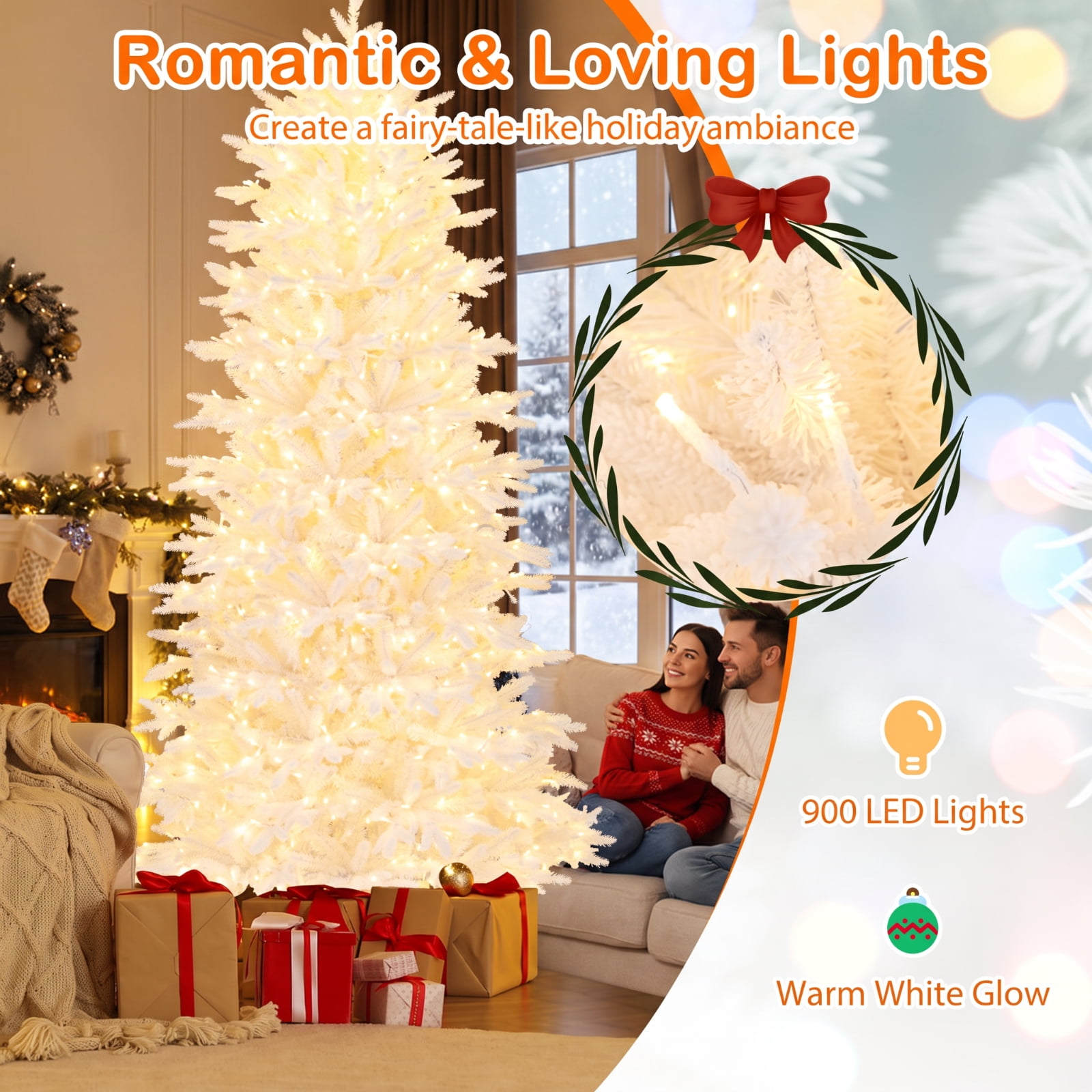 RUIE 7 ft White Christmas Tree, Pre-Lit Artificial Xmas Tree with 900 LED Lights and 1880 Branch Tips, Full Snowy Holiday Tree