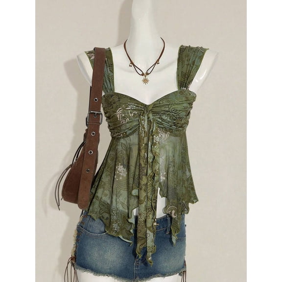 Olive Green Floral Paisley Print Tie-Front Peplum Mesh Hem Tank Top For Women