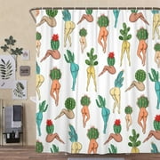 Funny Cactuc Butt Shower Curtain, Fun Cute Sexy Butt 70S 80S Fabric Shower Curtain Set, Funky Hippie Psychedelic Aesthetic Colorful Unique Cool Cloth White Western Boho Shower Curtain 70X70IN