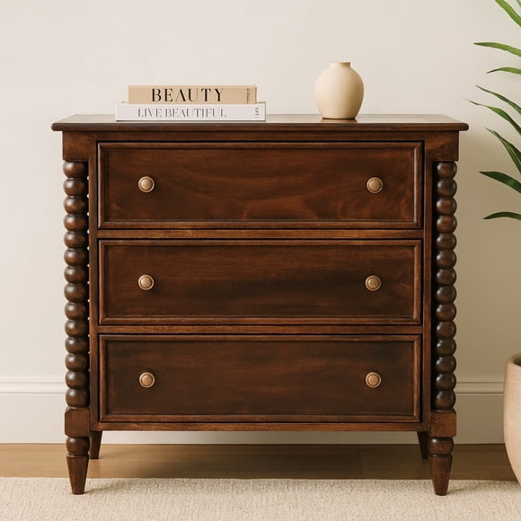 Meuble Artisanal en Bois Massif à Barreaux, Commode en Bois de Vin, 3 Tiroirs, Brun