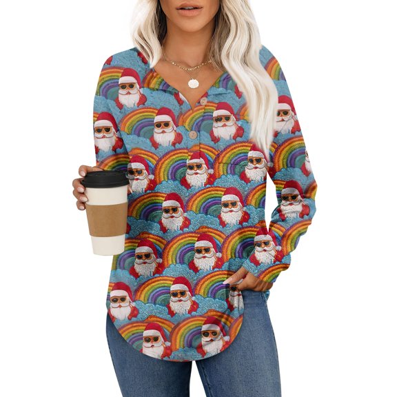 Stichou Womens Santa Shirts Flannel Long Sleeve Button Down Henley Shirts Dressy Casual Fall Ladies Tops and Blouses Sky Blue S
