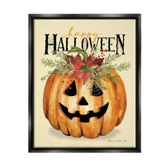 Stupell Industries Happy Halloween Jack-o-Lantern Holiday Painting Black Floater Framed Art Print Wall Art