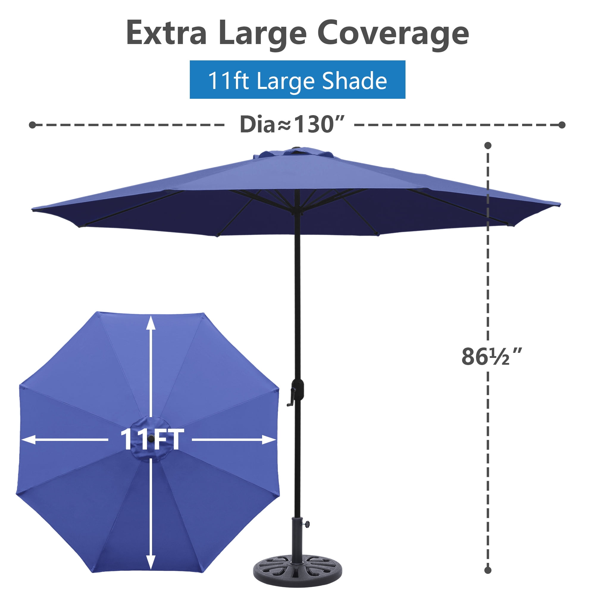 Abble 11FT Outdoor Patio Umbrella with Crank Handle, Market Umbrella with 8 Sturdy Umbrella Ribs, Waterproof for Garden Deck Backyard Pool,   Navy Blue