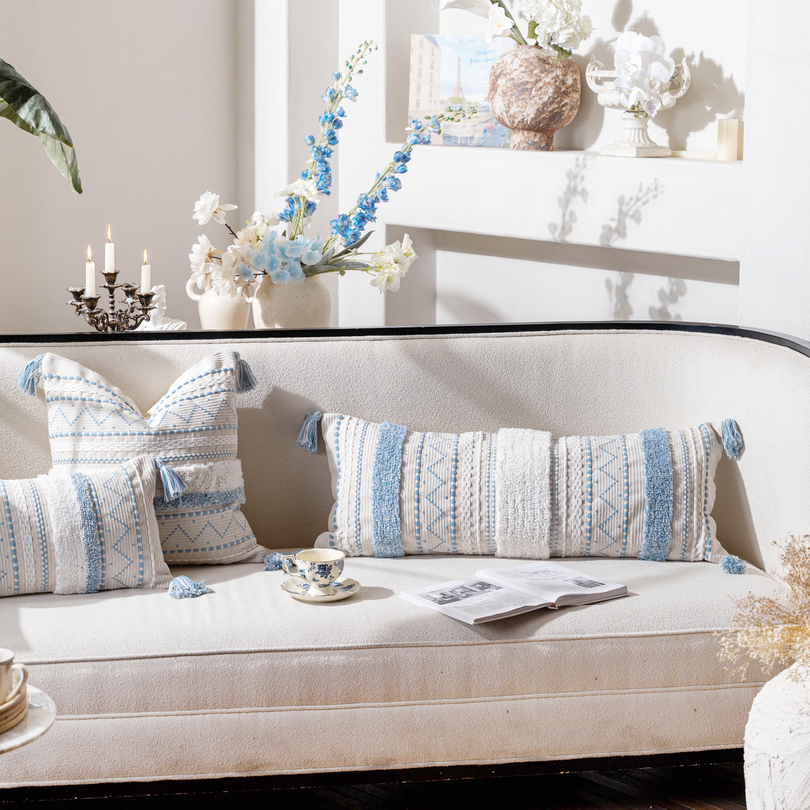 BlissBlush Blue Decorative Lumbar Throw Pillow Cover 14x36 Boho Long Cushion for Bed Neutral White Accent Farmhouse Pillowcase for Bedroom Living Room Couch Sofa Home Décor (Cover ONLY, Pack of 1)