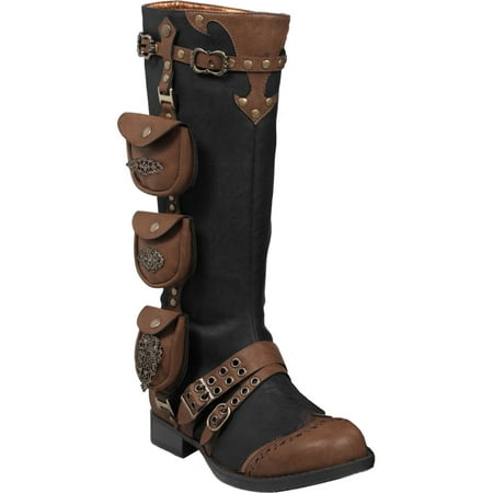 Womens 1 Inch Heels Black Knee High Boots Steampunk Brown Straps Costume