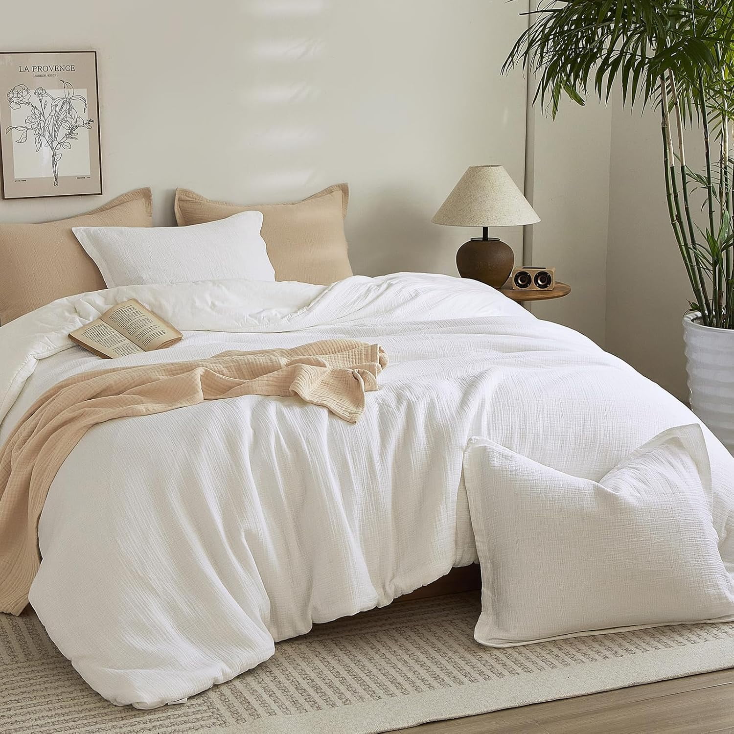 PHF Cotton Muslin Comforter Set King Size, Ultra Soft, Breathable & Lightweight Bedding Set for All Seasons, 1 Comfy Comforter 104"x90", 2 Pillow Shams 20"x36", White