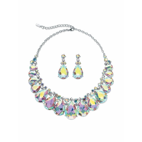 PalmBeach Jewelry Pear-Cut Aurora Borealis Crystal 2-Piece Drop Earrings and Bib Necklace Set in Silvertone 16"-18.5"