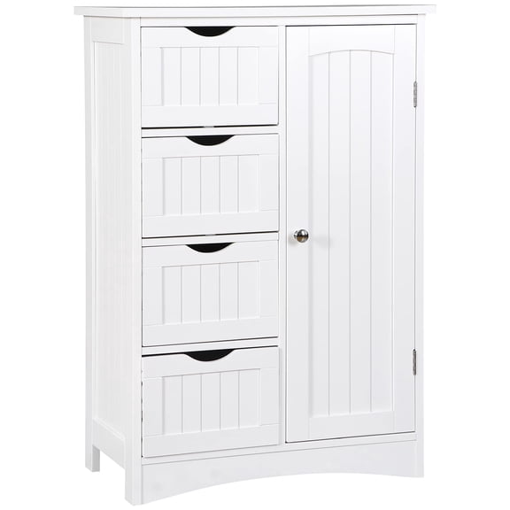 Wooden Entryway Storage Cabinet with 4 Drawers 1 Cupboard, Freestanding Bathroom Organizer, Living Room Bedroom Furniture, White