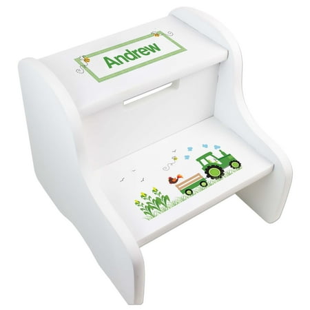 Personalized Green Tractor White Two Step Stool