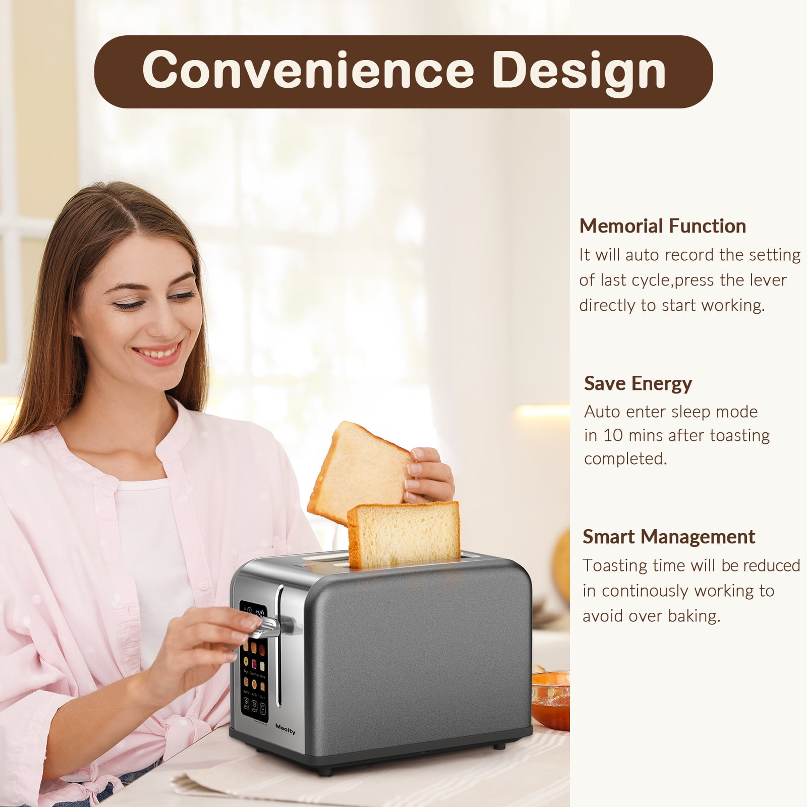 Mecity 2-Slice Touchscreen Toaster with Stainless Steel Casing, 6 Shade Settings, Wide Slots, 120V, Countdown Timer, Gray