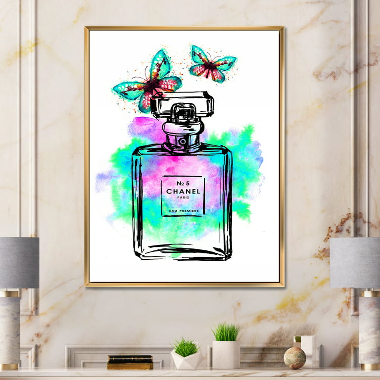Perfume Chanel Five with Butterflies 16 in x 32 in Framed Painting Canvas Art Print, by Designart, Size: 16 x 32