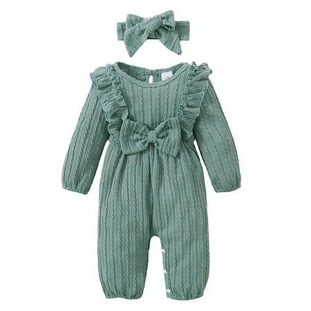 Younger Tree Baby Girl Romper Infant Fall Winter Clothes Ruffle Sweater Long Sleeve Bodysuit Jumpsuit and Headband for 3-6 Months