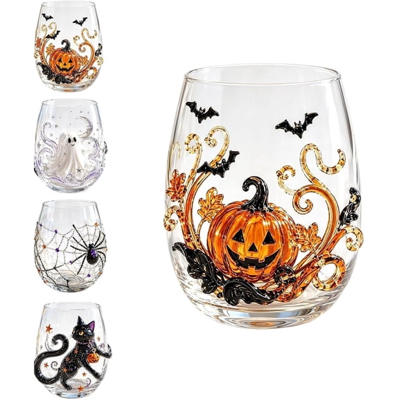 Summerween Glass Cups, 3D Raised Pumpkin Stemless Tumbler, Spooky Season Iced Coffee Mug, Autumn Harvest Dinner Table Decor, Novelty Holiday Gift, Classic Orange Pumpkin, 1-Pack