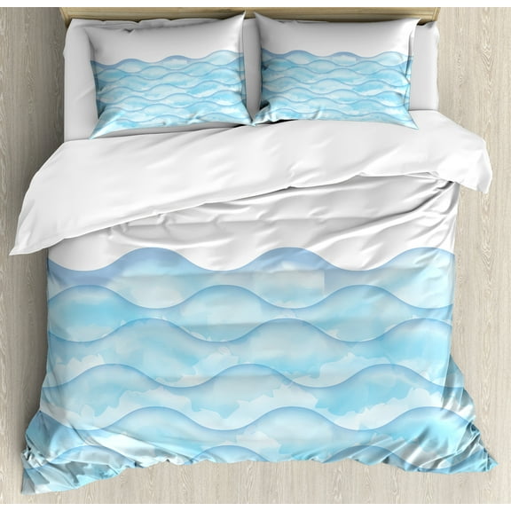 Ocean Duvet Cover Set, Sea Waves Illustration Features Liquid Ocean Motion Water Image, Decorative 3 Piece Bedding Set with 2 Pillow Shams, Calking Size, Pale Blue White, by Ambesonne