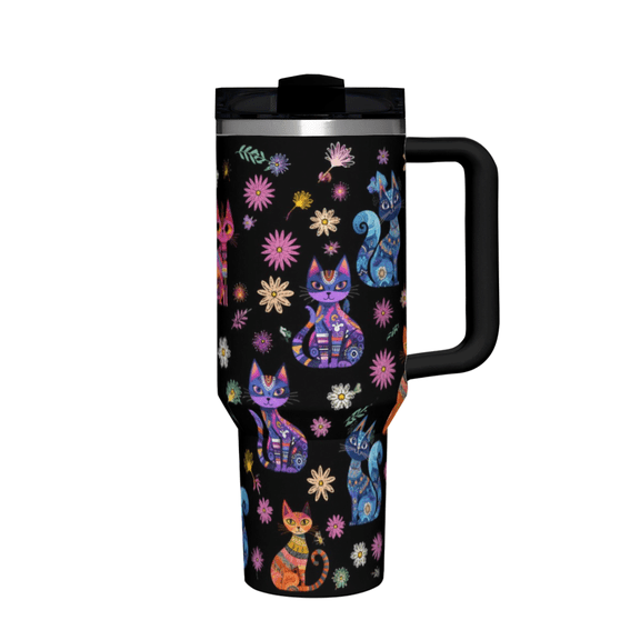 40 oz Sugar Skull Cat & Floral Print Tumbler with Handle & Straw, Great Birthday & Christmas Gift for Cat Lovers