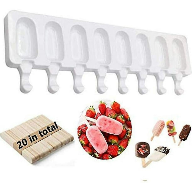 Moldes para helados Paletas Moldes para helados de silicona Moldes para paletas de silicona: 8 moldes para helados ovalados uniformes Cocina casera Helado hecho a mano y 20 piezas de madera