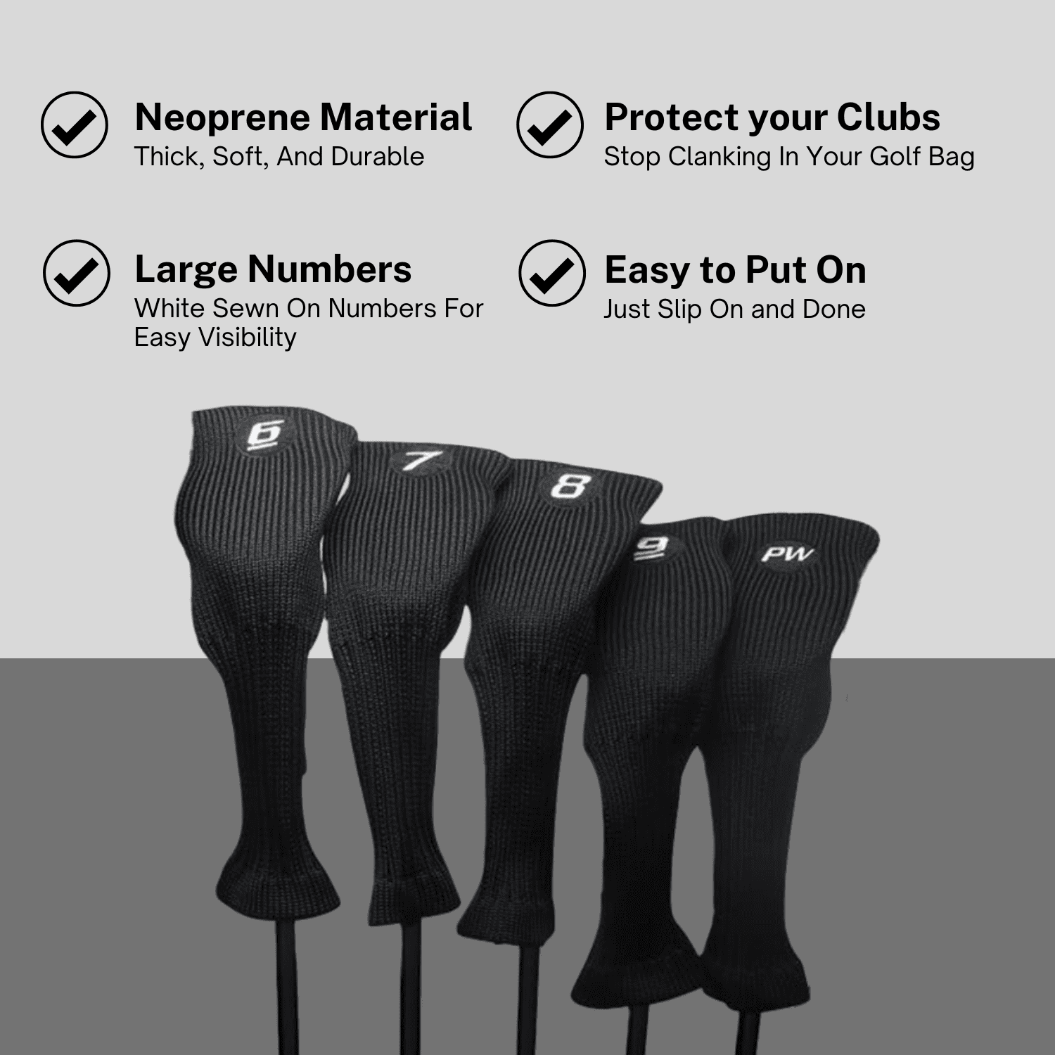 Majek All Hybrid Head Cover Golf Club Black Sleek Tight Fit Headcover Set 6-PW Acrylic Head Covers 6 7 8 9 PW Easy to See Large White Embroidered Numbers