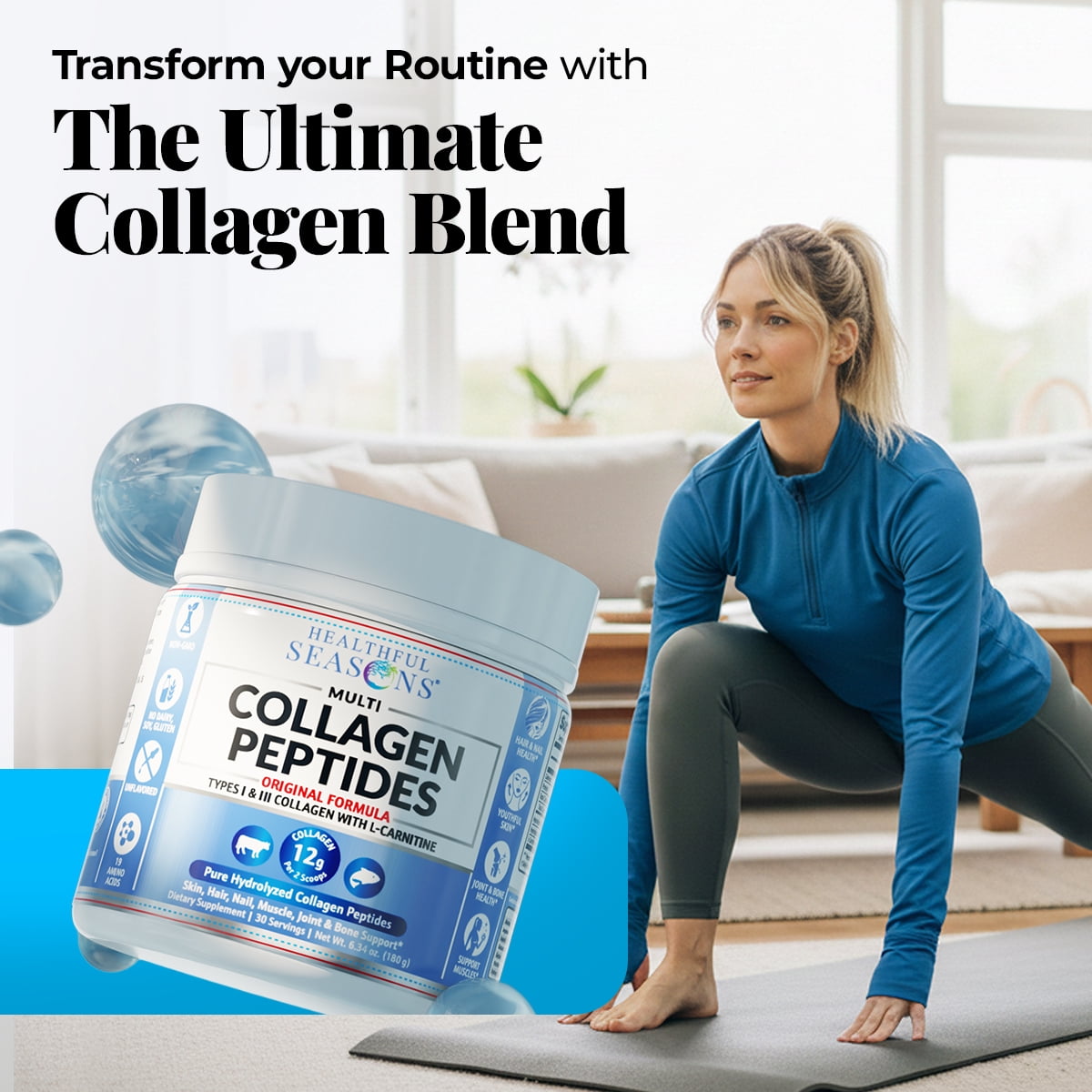 Healthful Seasons Multi Collagen Peptides Powder with L-Carnitine Hydrolyzed Protein for Hair Skin Nails Joints Unflavored 1-Count