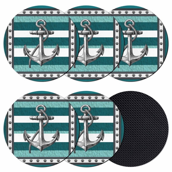 Teal Blue Anchor Coasters Set of 6, Absorbent Coasters for Drinks, Nautical Summer Beach Coastal Ocean Coaster for Desk Coffee Table Protection, Home Decor House Warming Gifts 4"