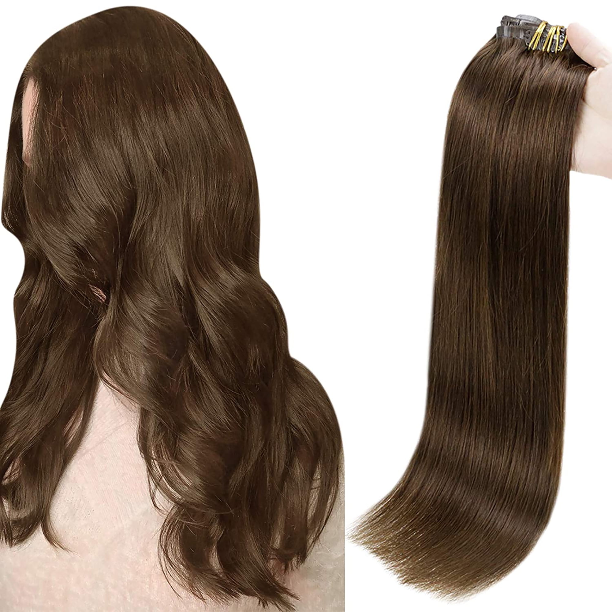 Full Shine Seamless Clip in Real Hair Extensions Human Hair 14 inch  Invisible Straight Hair for Short Hair Brown 8 Pcs 
