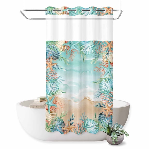 No Hook Shower Curtain, Ocean Coastal Shower Curtains for Bathroom with See Through Top Window, Summer Nautical Beach Coral Starfish Waterproof & Washable Bath Curtain Stand Up Stall 36"x72"