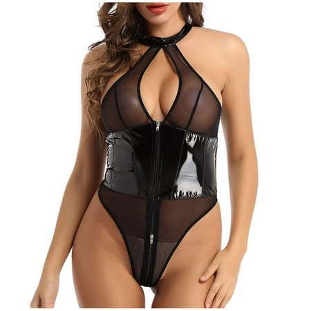 

LowProfile Lingerie Bodysuit for Women Leather Teddy Cutout V Neck Lace Up Conjoined Babydoll With Thong Set Overalls Black M