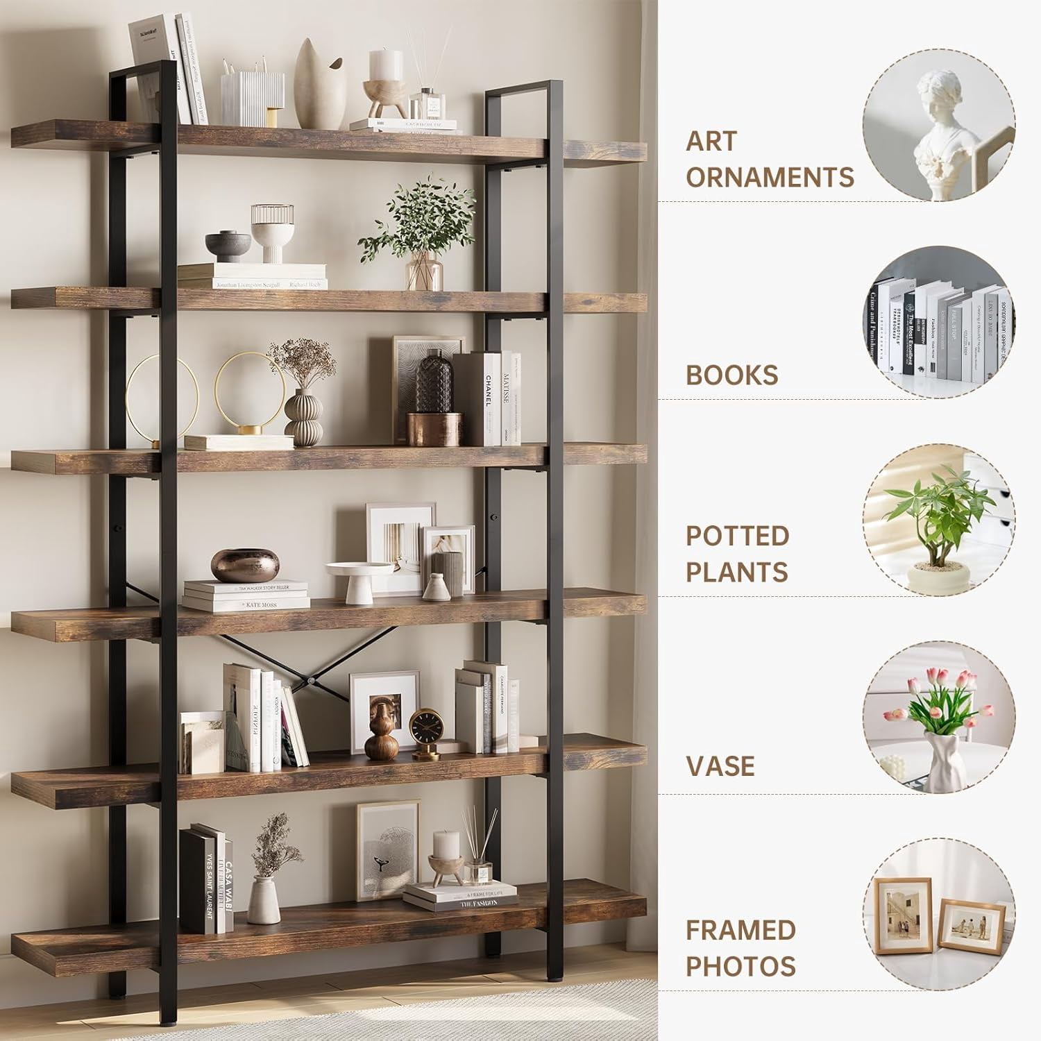 6-Tier Industrial Bookcase, 47 Inch Wide Wood Bookshelf, 120lbs Shelf Capacity, Rustic Open Shelving Heavy Duty Display with Reinforced Horizontal Brown Shelves for Living Room Bedroom Office