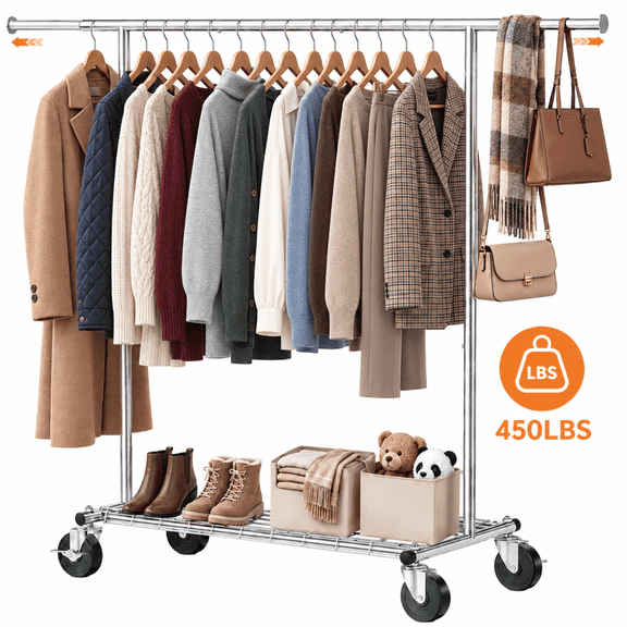 UNTIMATY 450 lbs Heavy Duty Clothes Rack, 43-64" Adjustable Rolling Garment Rack on Wheels, Metal Closet Organizer for Bedroom Laundry, Silver