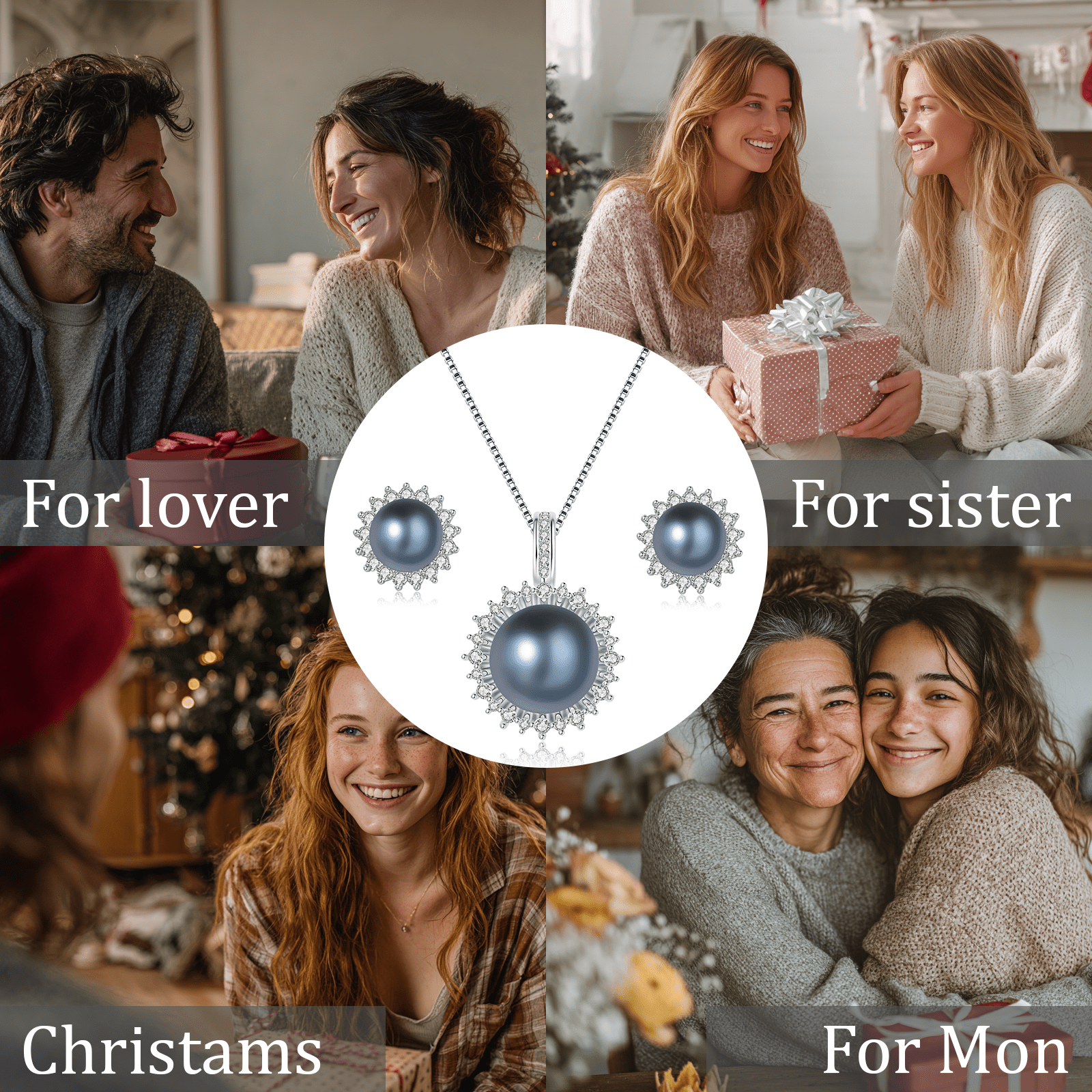 YAMI10-11mm Black Pearl Necklace and Earring Set, Sunflower Design, 925 Sterling Silver Cultured Pearl Jewelry Gift for Women