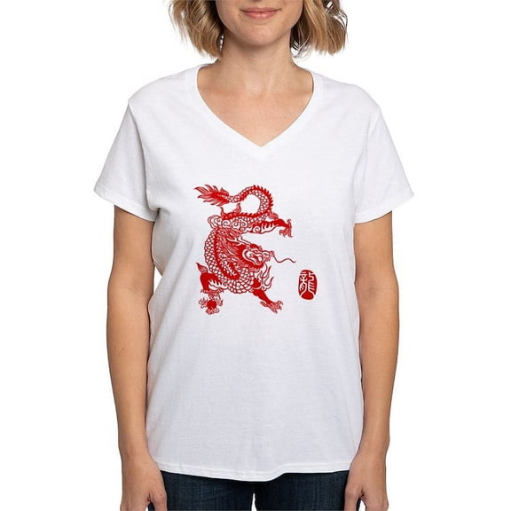 CafePress - Asian Dragon Women's V Neck T Shirt - Womens Cotton V-Neck T-shirt