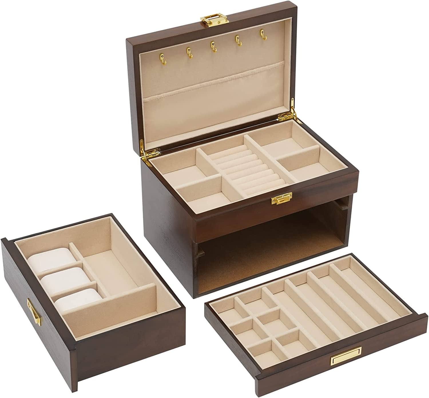 Vintage Wooden Jewelry Box for Women 3 Layers Jewelry Box Organizer Rustic Jewelry Case Cabinet for Earrings Rings Necklace Bracelet (Black Walnut )